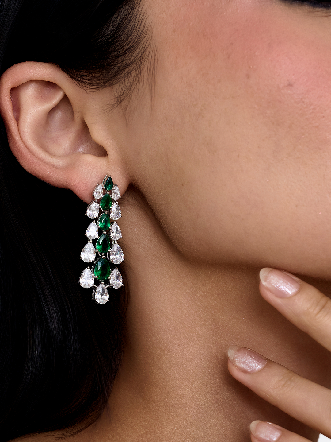 Silver Bloom Cluster Drop Earrings Emerald Silver