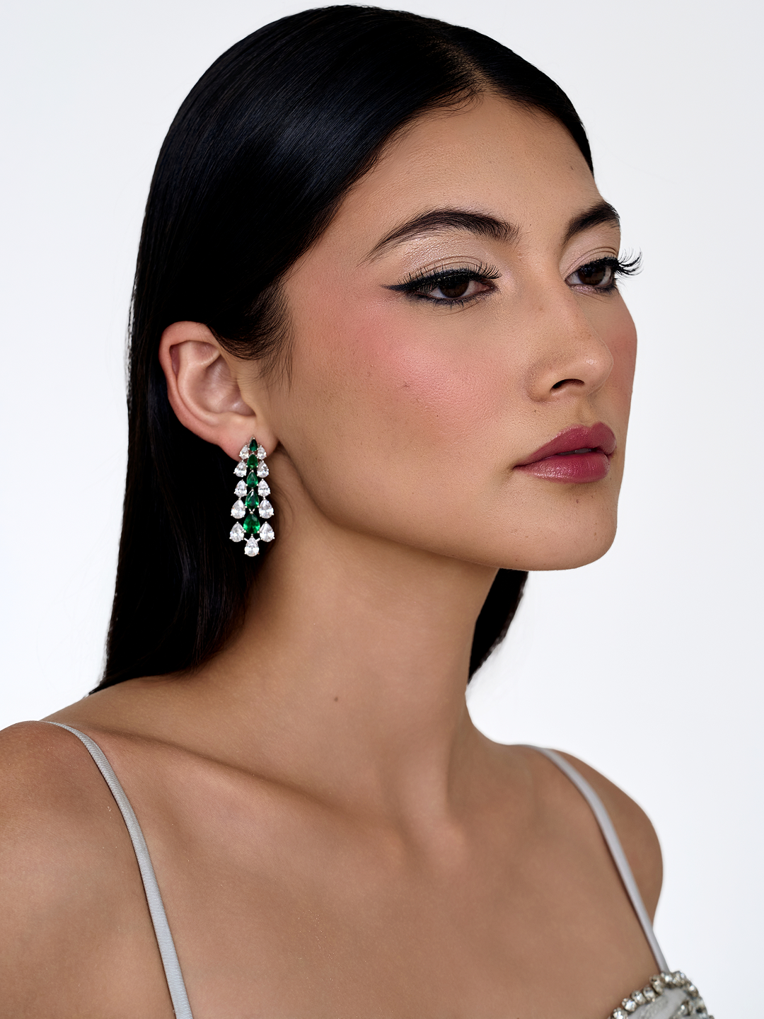 Silver Bloom Cluster Drop Earrings Emerald Silver