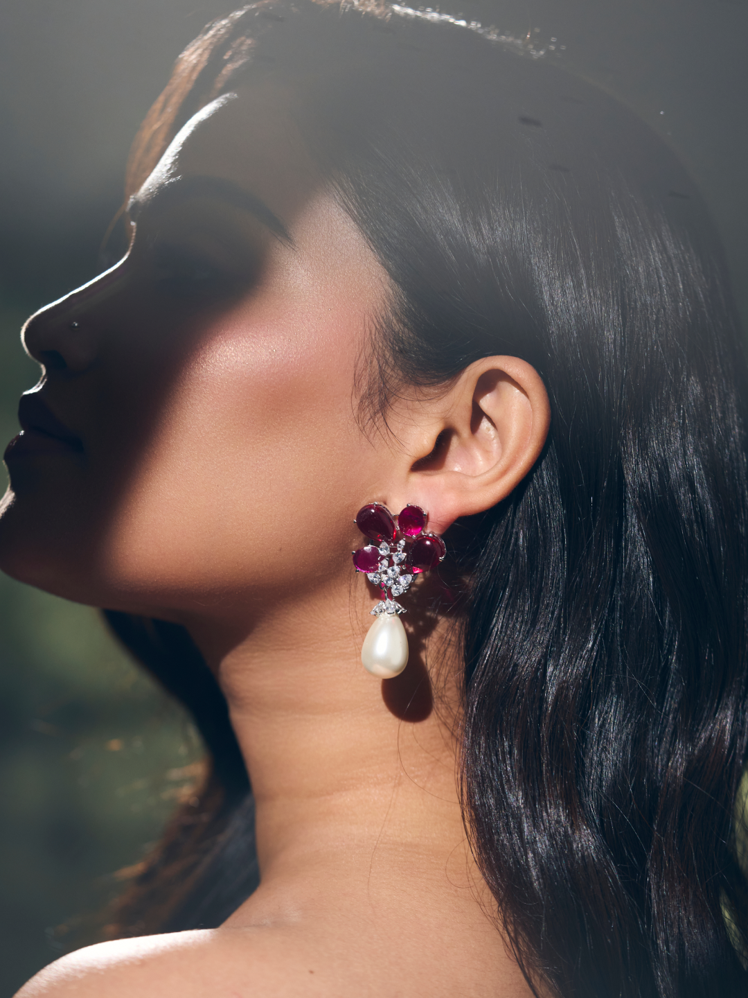 Red Floral Pearl Drop Earrings