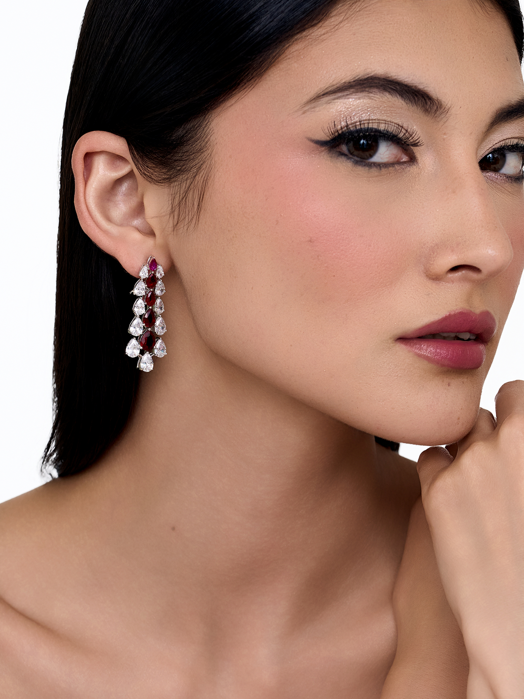 Silver Bloom Cluster Drop Earrings Crimson Silver
