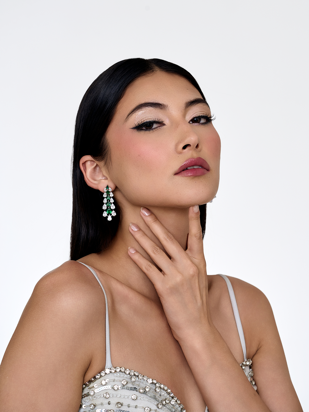 Silver Bloom Cluster Drop Earrings Emerald Silver