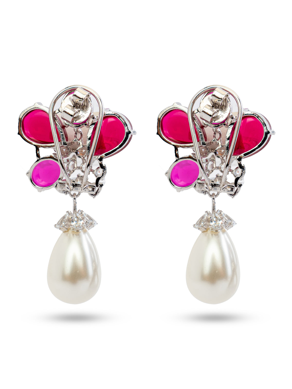 Red Floral Pearl Drop Earrings